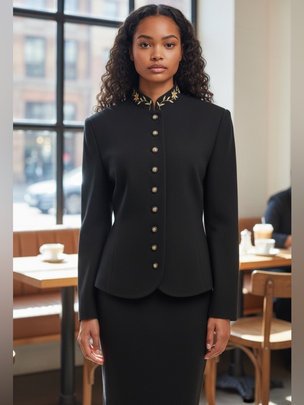 80s 2PC HENRY LEE BLACK MILITARY VIBE JACKET W EMBROIDERY & PENCIL SKIRT SZ 14